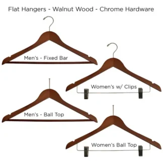 Flat Hangers – Multiple Styles – Walnut/Chrome – Case of 100