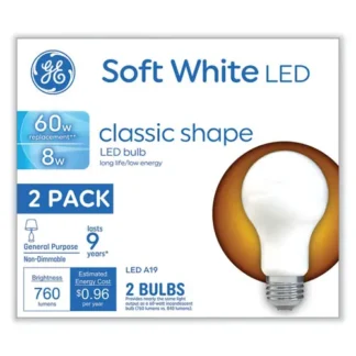 GE Classic LED Non-Dim A19 Light Bulb, 8 W, Soft White, 2/Pack