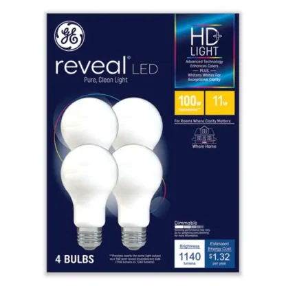 GE Reveal HD+ LED A19 Light Bulb, 11W, 4/Pack