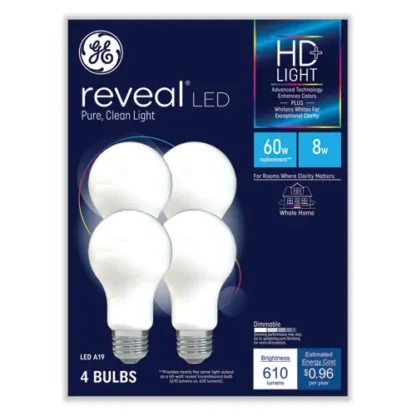 GE Reveal HD+ LED A19 Light Bulb, 8 W, 4/Pack