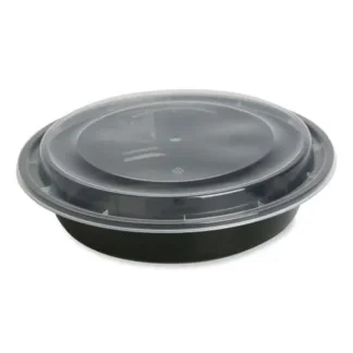 GEN Microwavable Food Container with Lid, Round, 48 oz, Black/Clear, Plastic, 150/Carton