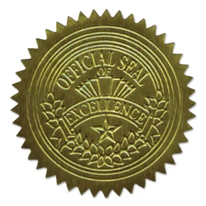 Geographics® Self-Adhesive Embossed Seals, Gold, 2" Diameter, 20 Seals per Sheet, 5 Sheets per Pack
