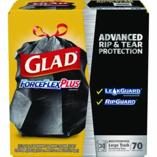 Glad® ForceFlexPlus Drawstring Large Trash Bags, 30 gal, Black, 70/Box