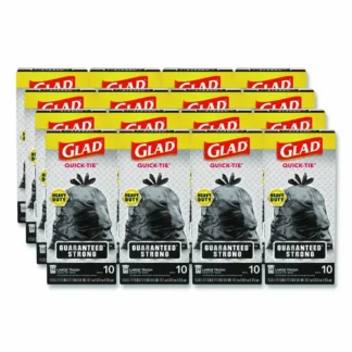 Glad® Large Quick-Tie Trash Bags, 30 Gallon, 0.81 mil, Black, 10 Bags/Box, 12 Boxes/Carton