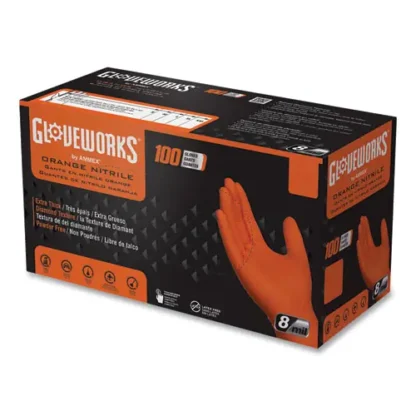 GloveWorks® by AMMEX® Heavy-Duty Industrial Nitrile Gloves, Powder-Free, 8 mil, Medium, Orange, 100/Box