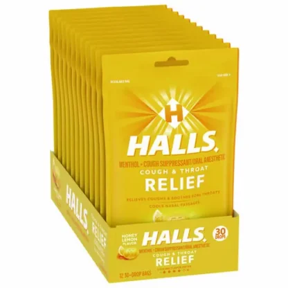 HALLS Triple Action Cough Drops, Honey-Lemon, 30 Drops/Bag, 12 Bags/Box