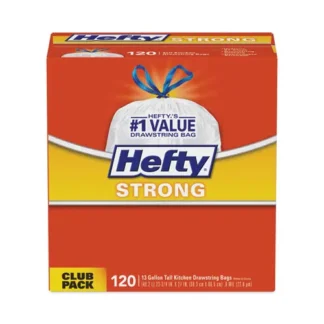 Hefty® Strong Tall Kitchen Drawstring Bags, 13 gal, White, 120 Bags/Box, 3 Boxes/Carton