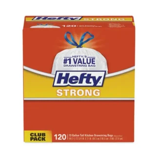 Hefty® Strong Tall Kitchen Drawstring Bags, 13 gal, White, 90 Bags/Box, 3 Boxes/Carton