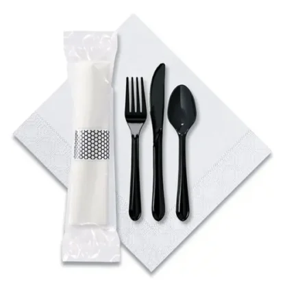 Hoffmaster® CaterWrap Cater to Go Express Cutlery Kit, Heavyweight, Fork/Knife/Napkin/Spoon, Plastic, Black, 100/Carton