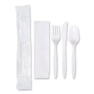 Hoffmaster® Economy Cutlery Kit, Fork/Knife/Napkin/Spoon, Plastic, White, 250/Carton