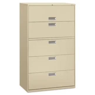 HON® Brigade 600 Series Lateral File with 4 Drawers and 1 Roll-Out Shelf, Putty, 42"W x 18"D x 64.25"H