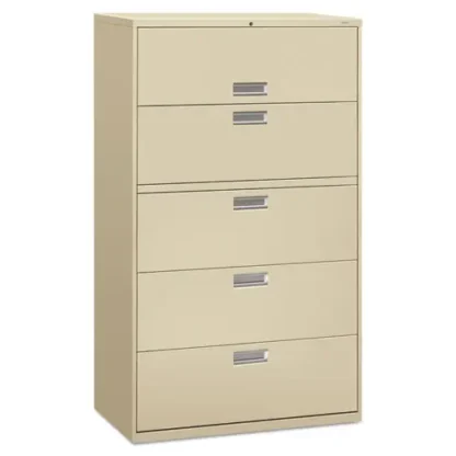 HON® Brigade 600 Series Lateral File with 4 Drawers and 1 Roll-Out Shelf, Putty, 42"W x 18"D x 64.25"H