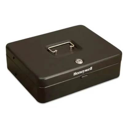 Honeywell Tiered Cantilever Cash Box with Key Lock, 4 Bill and 5 Coin Slots, Steel, Black, 11.9" x 9.7" x 3.5"