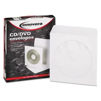 Innovera® CD/DVD Envelopes, Clear Window, 1 Disc Capacity, White, 50/Pack