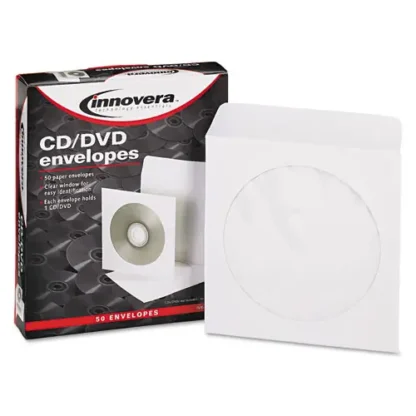 Innovera® CD/DVD Envelopes, Clear Window, 1 Disc Capacity, White, 50/Pack