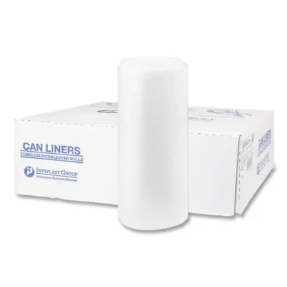 Inteplast Group High-Density Commercial Can Liners, 60 gal, 22 mic, 38" x 60", Clear, Interleaved Roll