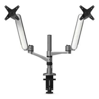 Kantek Multi-Directional Dual Monitor Arm, For 30" Monitors, 360° Rotation, 105° Tilt, 360° Pan, Silver/White, Supports 20 lbs