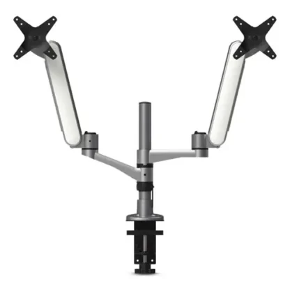 Kantek Multi-Directional Dual Monitor Arm, For 30" Monitors, 360° Rotation, 105° Tilt, 360° Pan, Silver/White, Supports 20 lbs