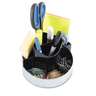 Kantek Rotating Desk Organizer, 8 Compartments, Black/Silver