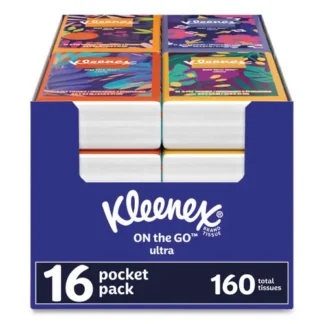 Kleenex® On The Go Packs Facial Tissues, 3-Ply, White, 10 Tissues per Pouch, 16 Pouches per Pack, 6 Packs per Carton