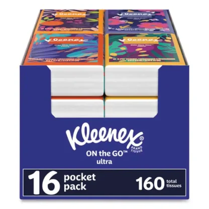Kleenex® On The Go Packs Facial Tissues, 3-Ply, White, 10 Tissues per Pouch, 16 Pouches per Pack, 6 Packs per Carton