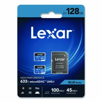 Lexar™ High Performance BLUE Series microSDXC Memory Card with Adapter, UHS-I V30 U1 Class 10, 128 GB, 2/Pack