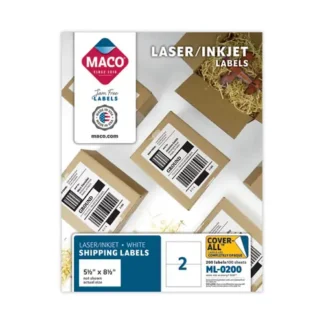MACO® Cover-All Opaque Laser/Inkjet Shipping Labels, 5.5 x 8.5, White, 200 Labels (100 Sheets/Box)