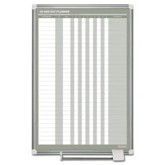 MasterVision® In-Out Magnetic Dry Erase Board, 30-Person Tracking, 24" x 36", White Surface, Satin Aluminum Frame