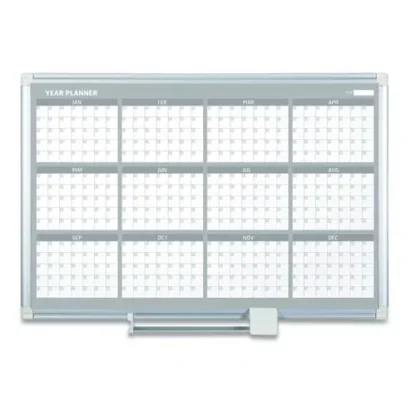 MasterVision® Magnetic Dry Erase Calendar Board, 12-Month Planning/Scheduling, 48" x 36", White Surface, Satin Aluminum Frame