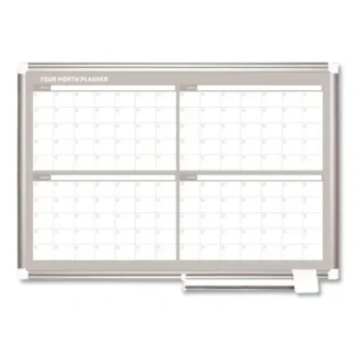 MasterVision® Magnetic Dry Erase Calendar Board, Four-Month Planning/Scheduling, 36" x 24", White Surface, Satin Aluminum Frame