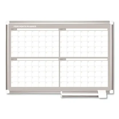 MasterVision® Magnetic Dry Erase Calendar Board, Four-Month Planning/Scheduling, 36" x 24", White Surface, Satin Aluminum Frame