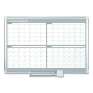 MasterVision® Magnetic Dry Erase Calendar Board, Four-Month Planning/Scheduling, 48" x 36", White Surface, Satin Aluminum Frame