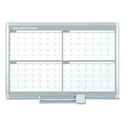 MasterVision® Magnetic Dry Erase Calendar Board, Four-Month Planning/Scheduling, 48" x 36", White Surface, Satin Aluminum Frame