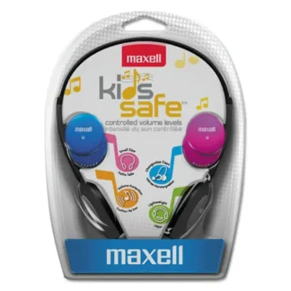 Maxell® Kids Safe Headphones, Black with Interchangeable Pink/Blue/Silver Caps