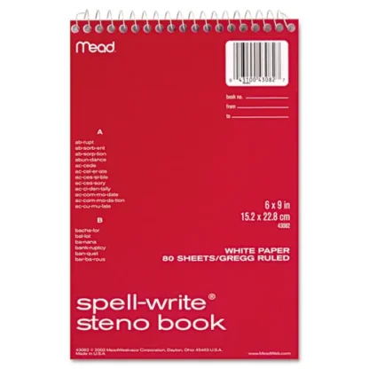Mead® Spell-Write Wirebound Steno Pad, Gregg Rule, Assorted Cover Colors, 80 Sheets, 6" x 9"
