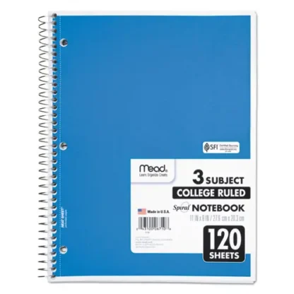 Mead® Spiral Notebook, 3-Subject, Medium/College Rule, 120 Sheets, 11" x 8", Assorted Colors
