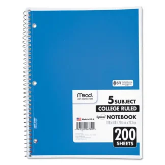 Mead® Spiral Notebook, 5-Subject, Medium/College Rule, Randomly Assorted Cover Color, 200 Sheets, 11 x 8 Inches