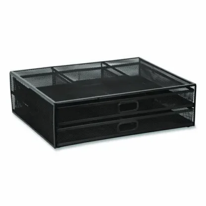 MOUNT-IT! Metal Mesh Monitor Stand with Storage Drawers, Black, Supports 30 lb, For Monitors up to 32"