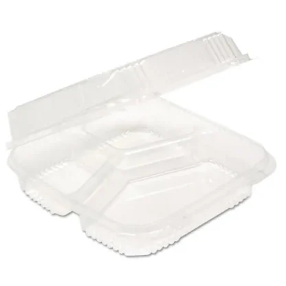 Pactiv Evergreen ClearView SmartLock Hinged Lid Container, 3 Compartments, Clear, Plastic, 200/Carton