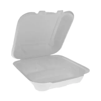 Pactiv Evergreen EarthChoice Bagasse Hinged Lid Container, 3 Compartments, Dual Tab Lock, Natural, Sugarcane
