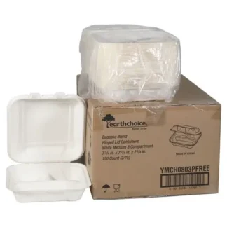 Pactiv Evergreen EarthChoice PFAS Free Compostable Hinged Lid Container, Natural, Sugarcane, 3 Compartments, 8 x 8 x 3, 150/Carton