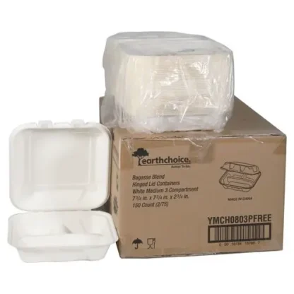 Pactiv Evergreen EarthChoice PFAS Free Compostable Hinged Lid Container, Natural, Sugarcane, 3 Compartments, 8 x 8 x 3, 150/Carton