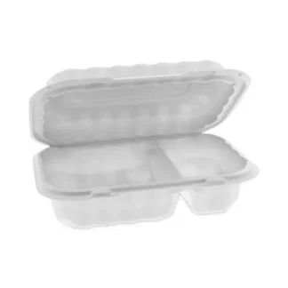 Pactiv Evergreen EarthChoice SmartLock Microwavable MFPP Hinged Lid Container, 2 Compartments, 9" x 6" x 3", White, Plastic, 270/Carton