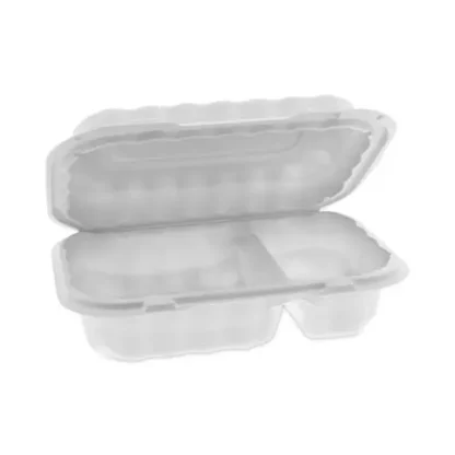 Pactiv Evergreen EarthChoice SmartLock Microwavable MFPP Hinged Lid Container, 2 Compartments, 9" x 6" x 3", White, Plastic, 270/Carton