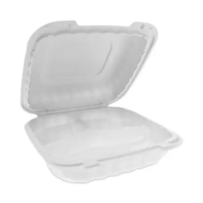 Pactiv Evergreen EarthChoice SmartLock Microwavable MFPP Hinged Lid Container, 3 Compartments, White, Plastic, 200/Carton