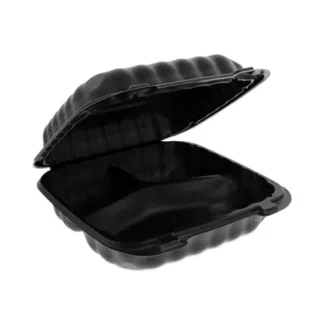 Pactiv Evergreen EarthChoice SmartLock Microwavable MFPP Hinged Lid Container, 3 Compartments, 8.3 x 8.3 x 3.4, Black, Plastic, 200/Carton