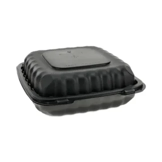 Pactiv Evergreen EarthChoice SmartLock Microwavable MFPP Hinged Lid Container, 3 Compartments, 9.33 x 8.88 x 3.1, Black, Plastic, 120/Carton
