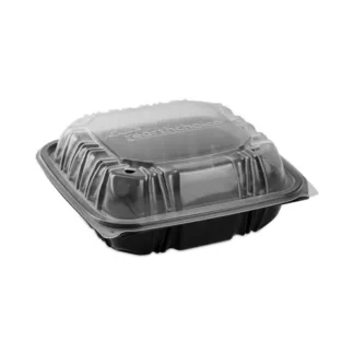 Pactiv Evergreen EarthChoice Vented Dual Color Microwavable Hinged Lid Container with 3 Compartments, 21 oz, Black/Clear, 150/Carton