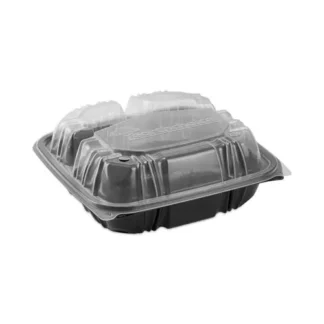 Pactiv Evergreen EarthChoice Vented Dual Color Microwavable Hinged Lid Container, 3 Compartments, 33 oz, Black/Clear, Plastic, 150/Carton