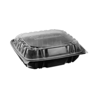 Pactiv Evergreen EarthChoice Vented Dual Color Microwavable Hinged Lid Container, 3 Compartments, 34 oz, Black/Clear, 132/Carton